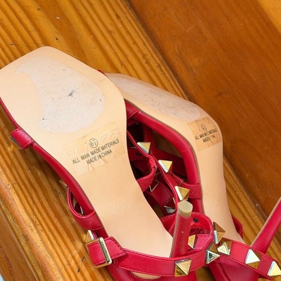 Red Studded Strappy Sandals - Women's Red Heels - Picture 3 of 3